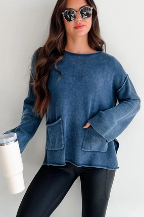 Humor Me Pocketed Sweater Top (Midnight Blue) Resilient Fabric Blend