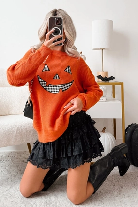 CompressionSupportWeave RibbedTrim Jack-O-Lantern Embroidered Sweater (Burnt Orange)