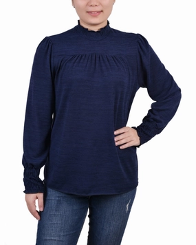 Odor Resistant Material Petite Long Sleeve Top With Smocking Details