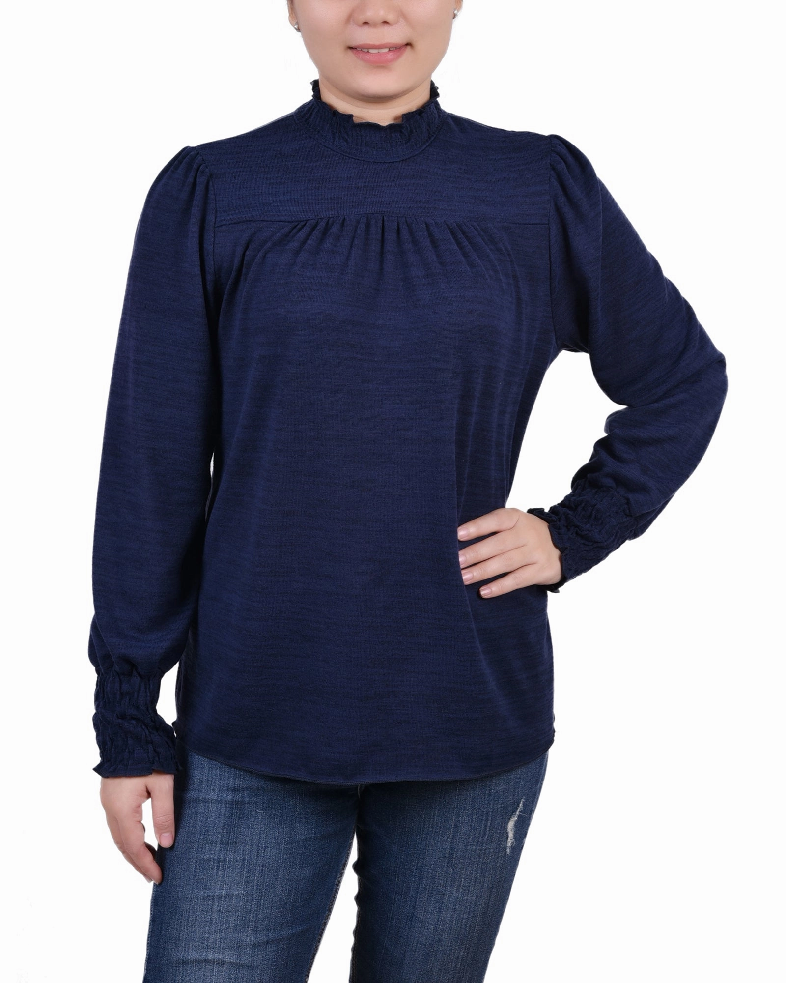 ReinforcedShoulderConstruction Fitted Design Petite Long Sleeve Top With Smocking Details