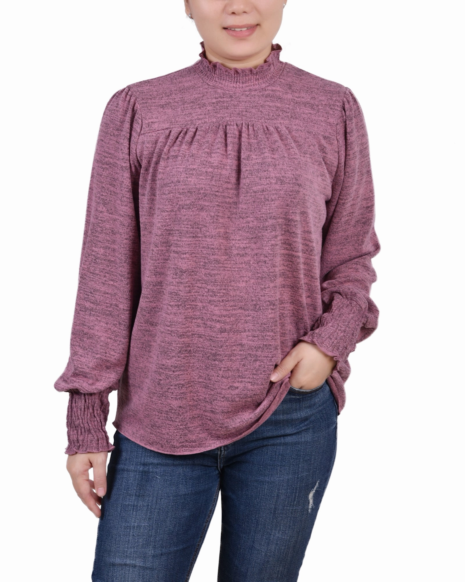 Petite Long Sleeve Top With Smocking Details Reverseble Design EasyCareMaterial