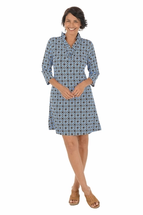 Ventilated Panels Light Deflection Fabric Blue Compass Rose UPF50  Ruffle Neck Dress