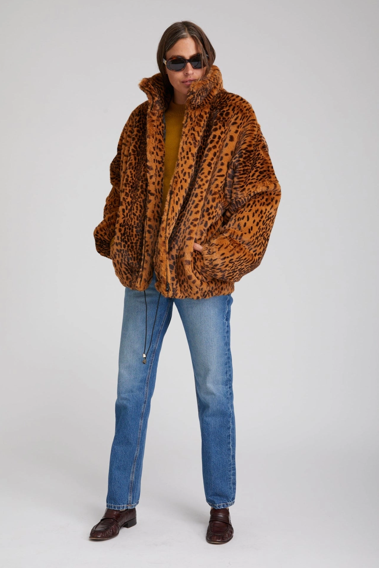 Toffee Leopard Faux Fur Oversized Jacket Noise Free Zipper Cool Climate