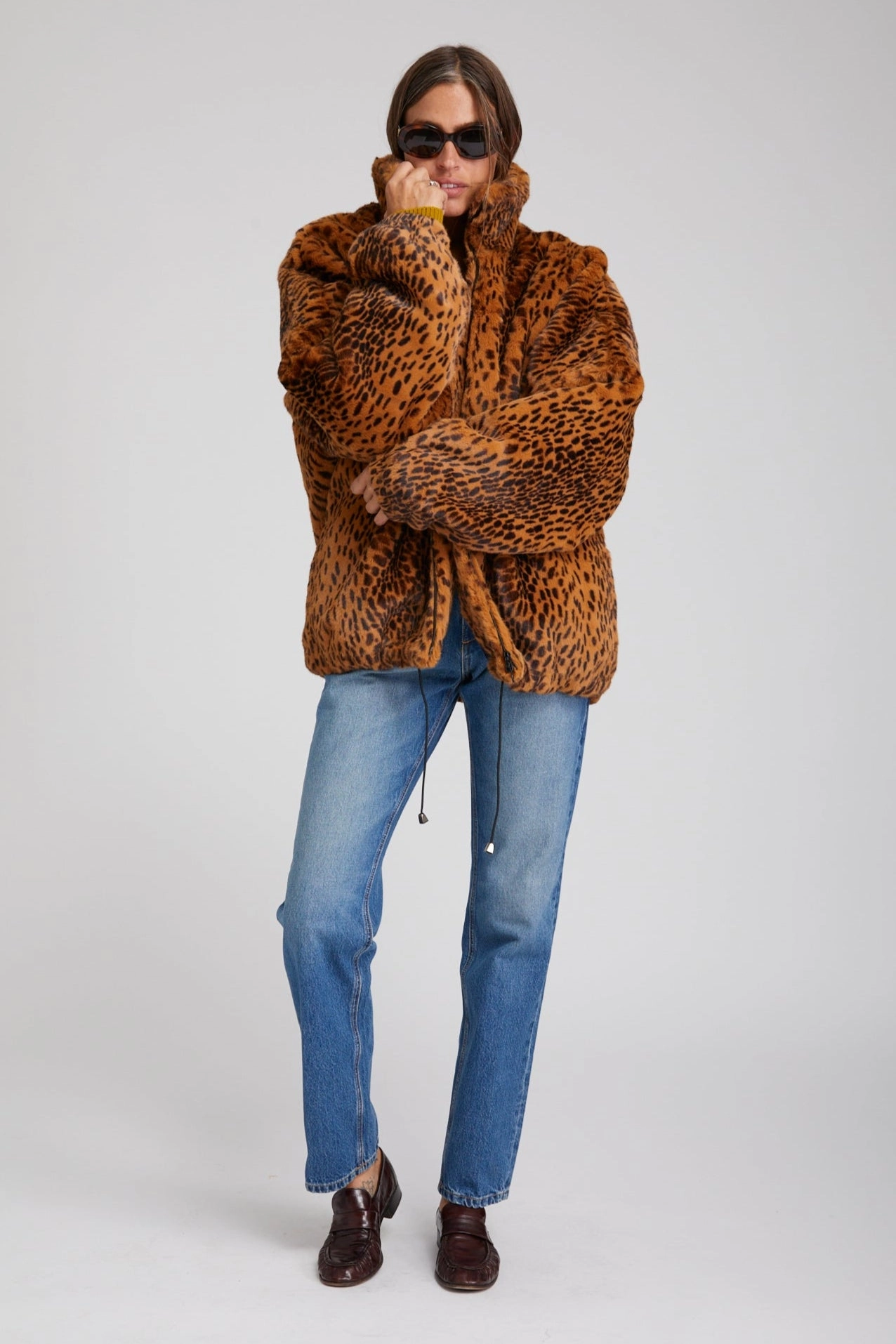 Taped Seam Technology Toffee Leopard Faux Fur Oversized Jacket