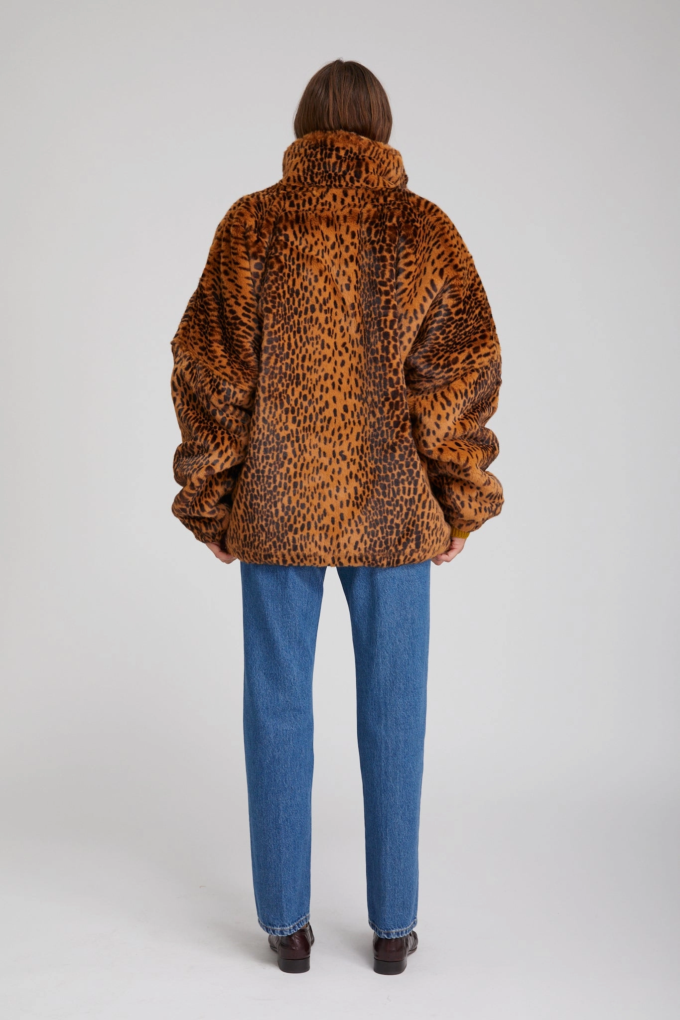 Thermal Insulated Outdoor Style Staple Toffee Leopard Faux Fur Oversized Jacket