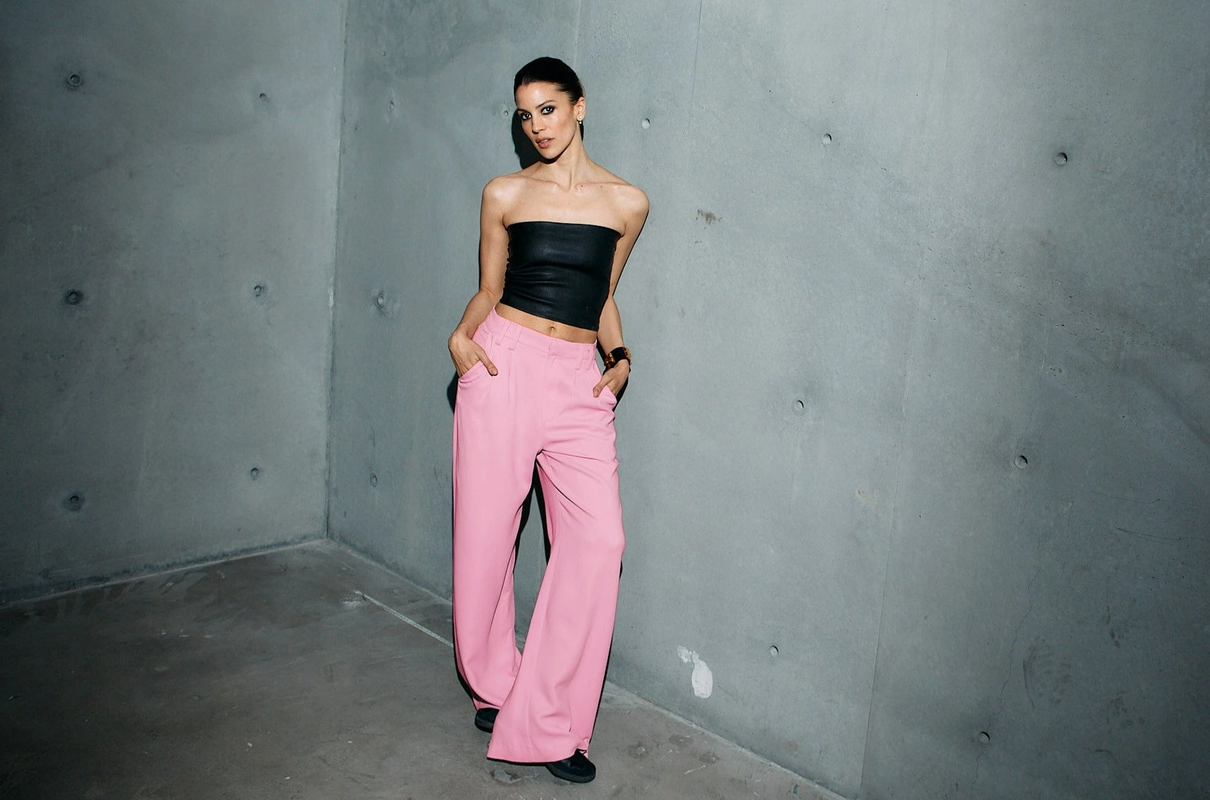 ReflectiveTrim Rose Crepe Pleated Trousers