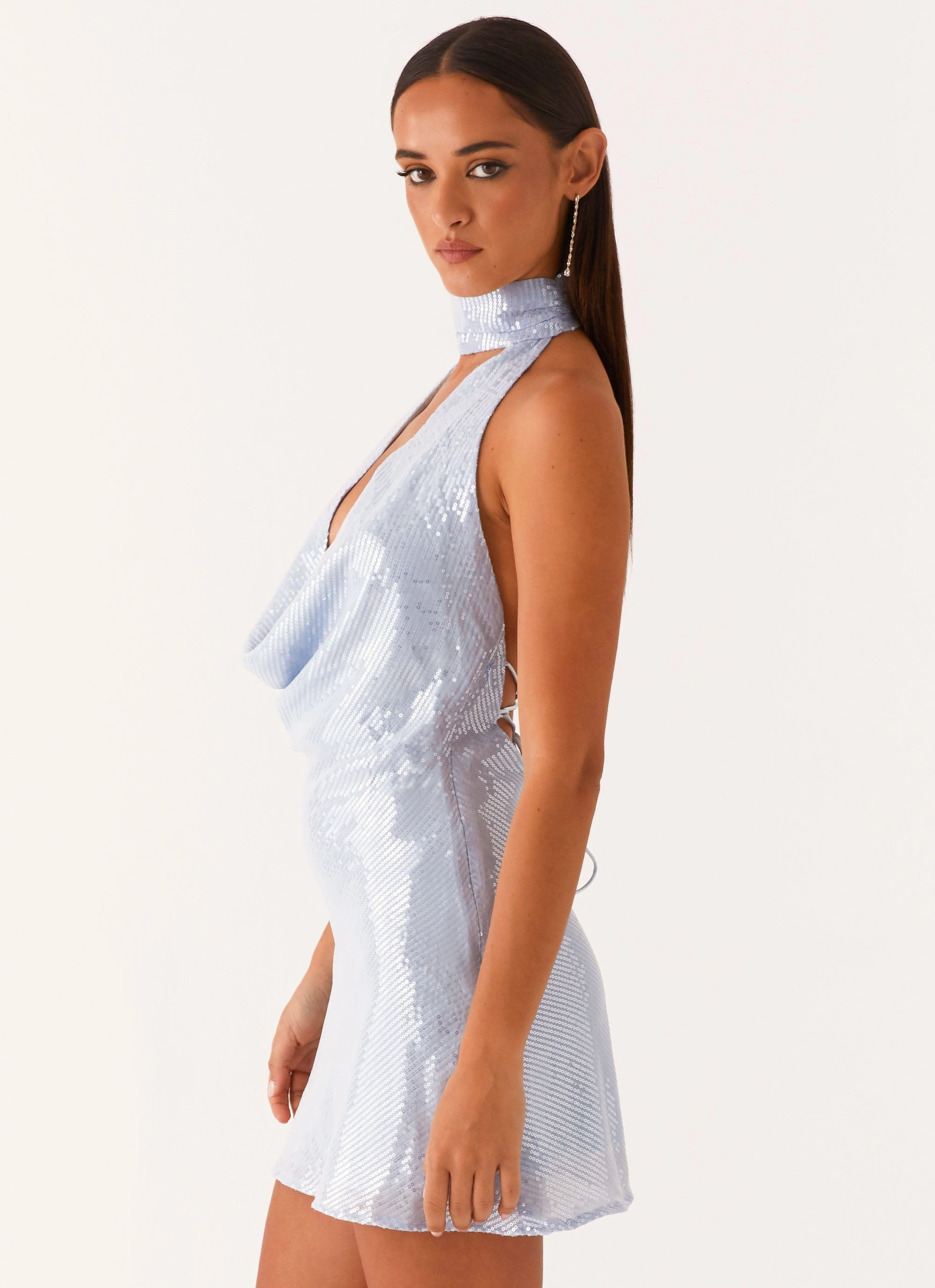 Nora Sequin Cowl Neck Mini Dress - Blue Trend Glow