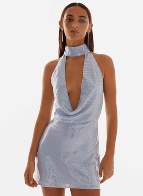 Loose Flow Nora Sequin Cowl Neck Mini Dress - Blue