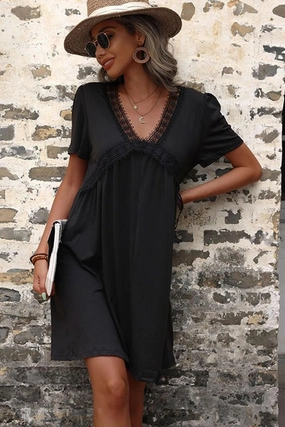 Fall Mood urban vibe LACE POINT V NECK FLARE PUFF DRESS