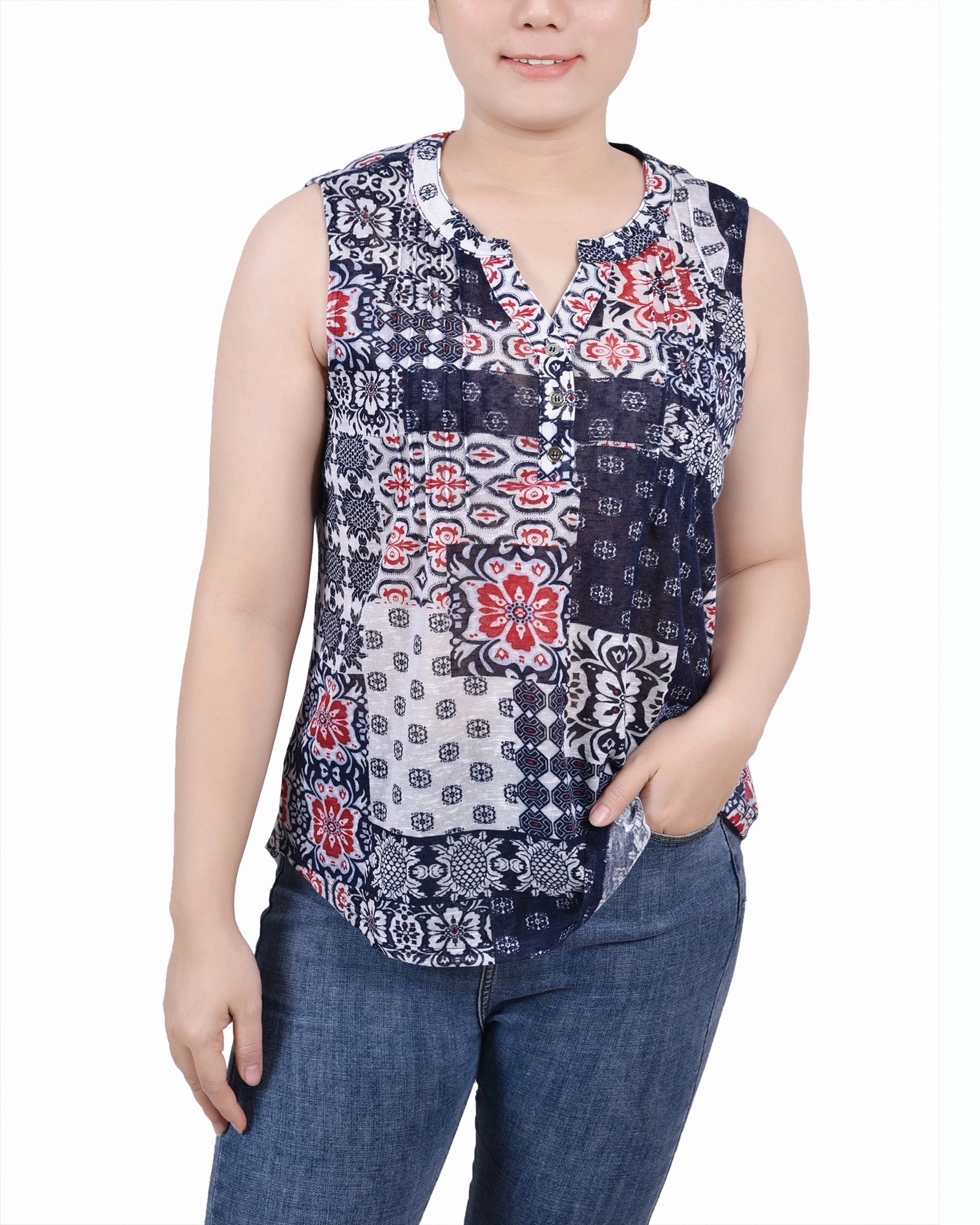 Sleeveless Slub Knit Y Neck Top Raglan Sleeve