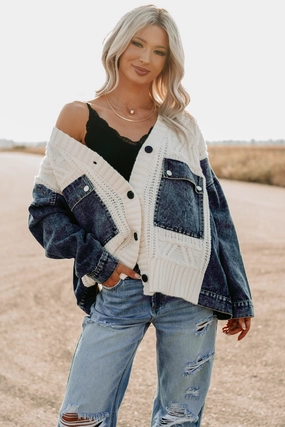 Compression Fit Technology Not Built Basic Cable Knit Denim Cardigan (Ivory/Multi)