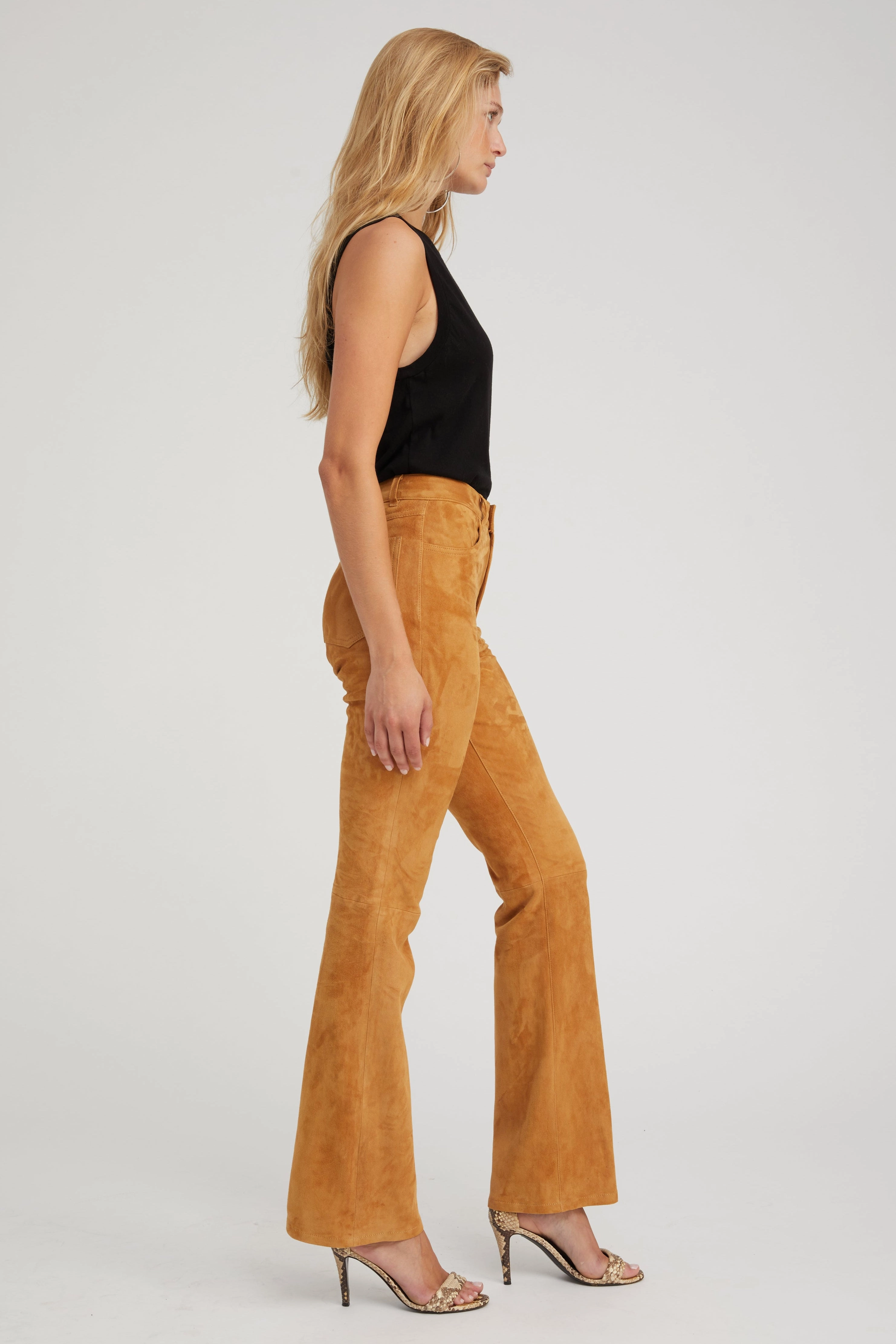 Sleek Waist Nutmeg Suede 5 Pocket Micro Flare Pants