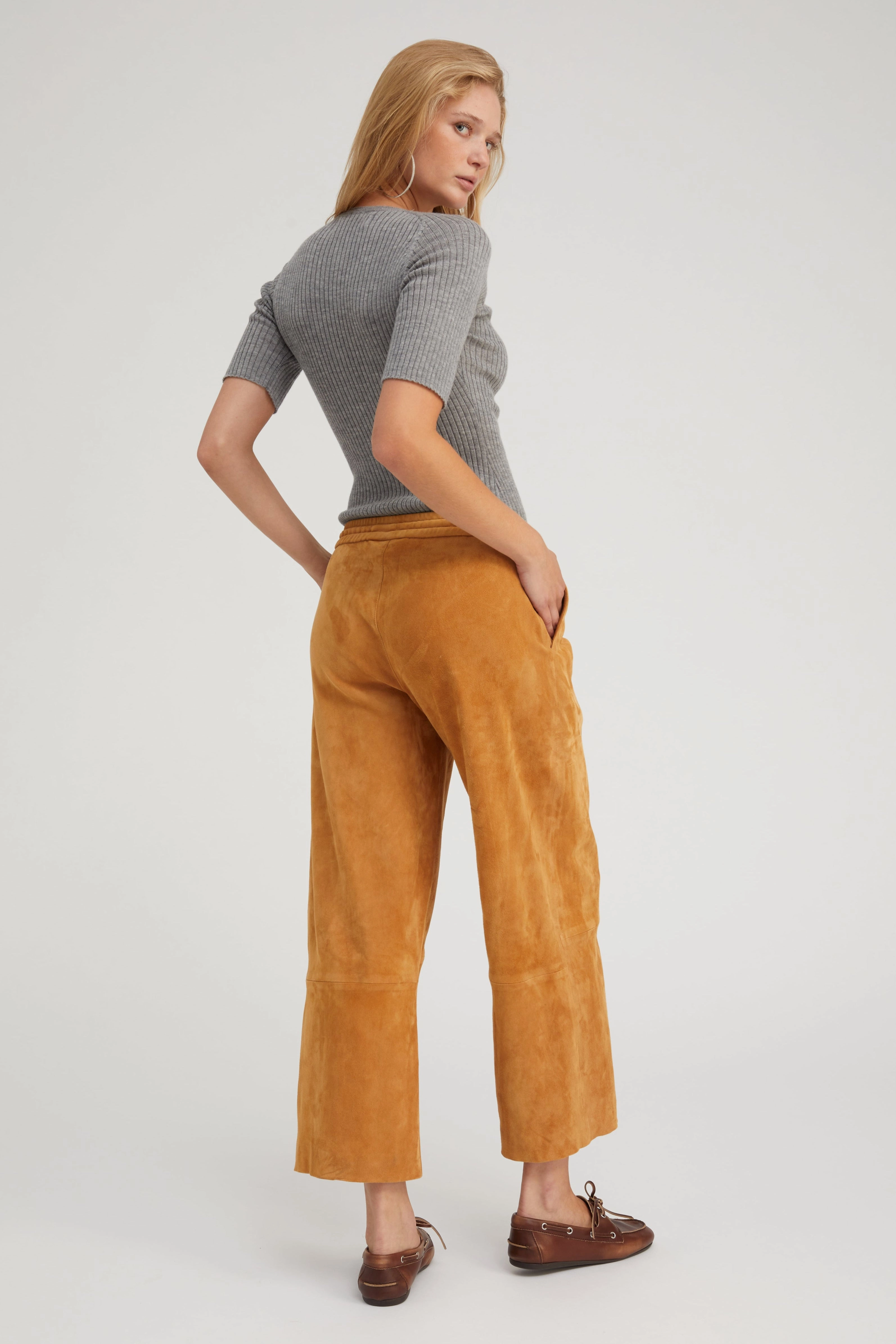 Nutmeg Suede Cropped Baggy Pants Performance Layer Stretch Flex