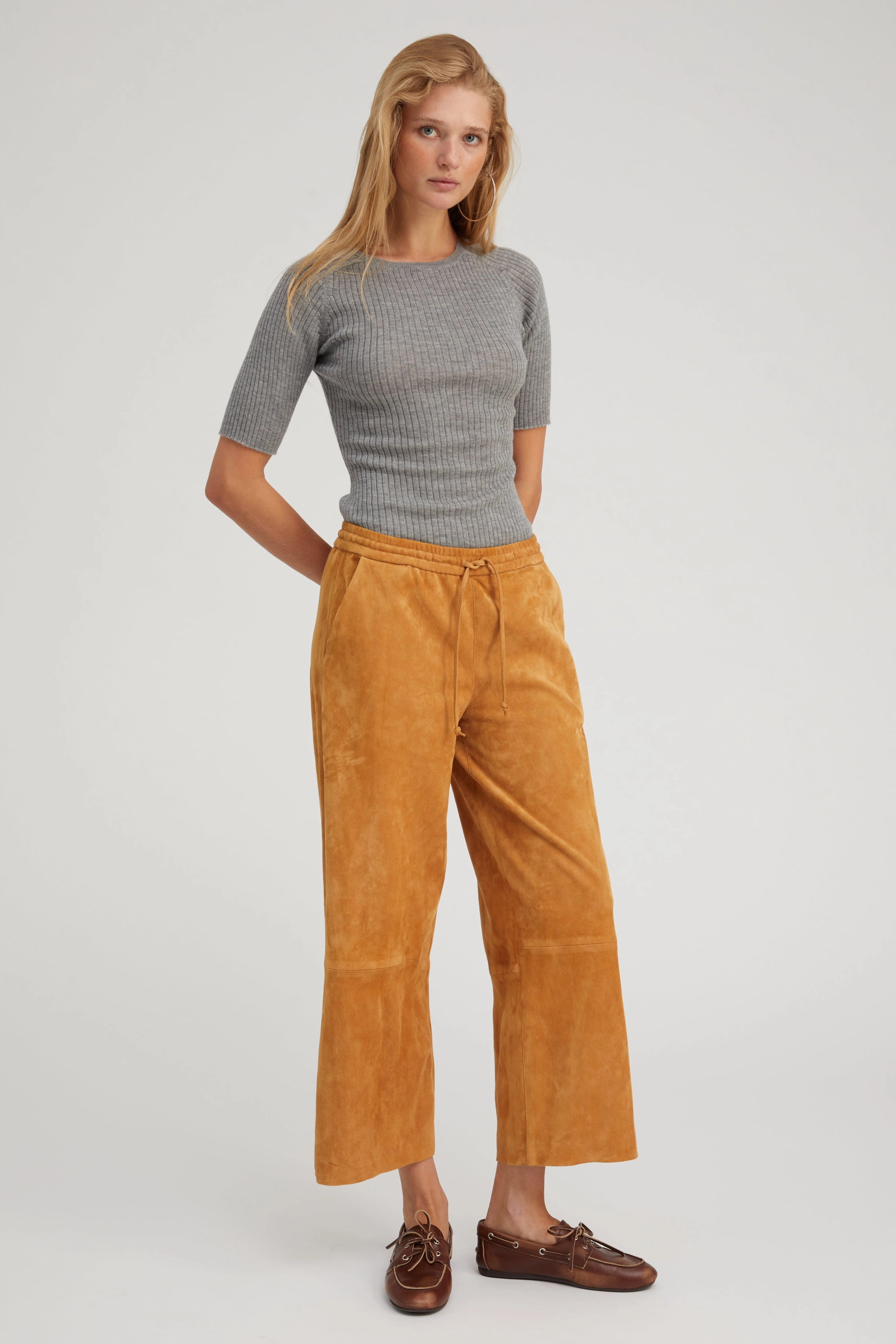 Nutmeg Suede Cropped Baggy Pants Anti Bacterial Treatment Free Movement