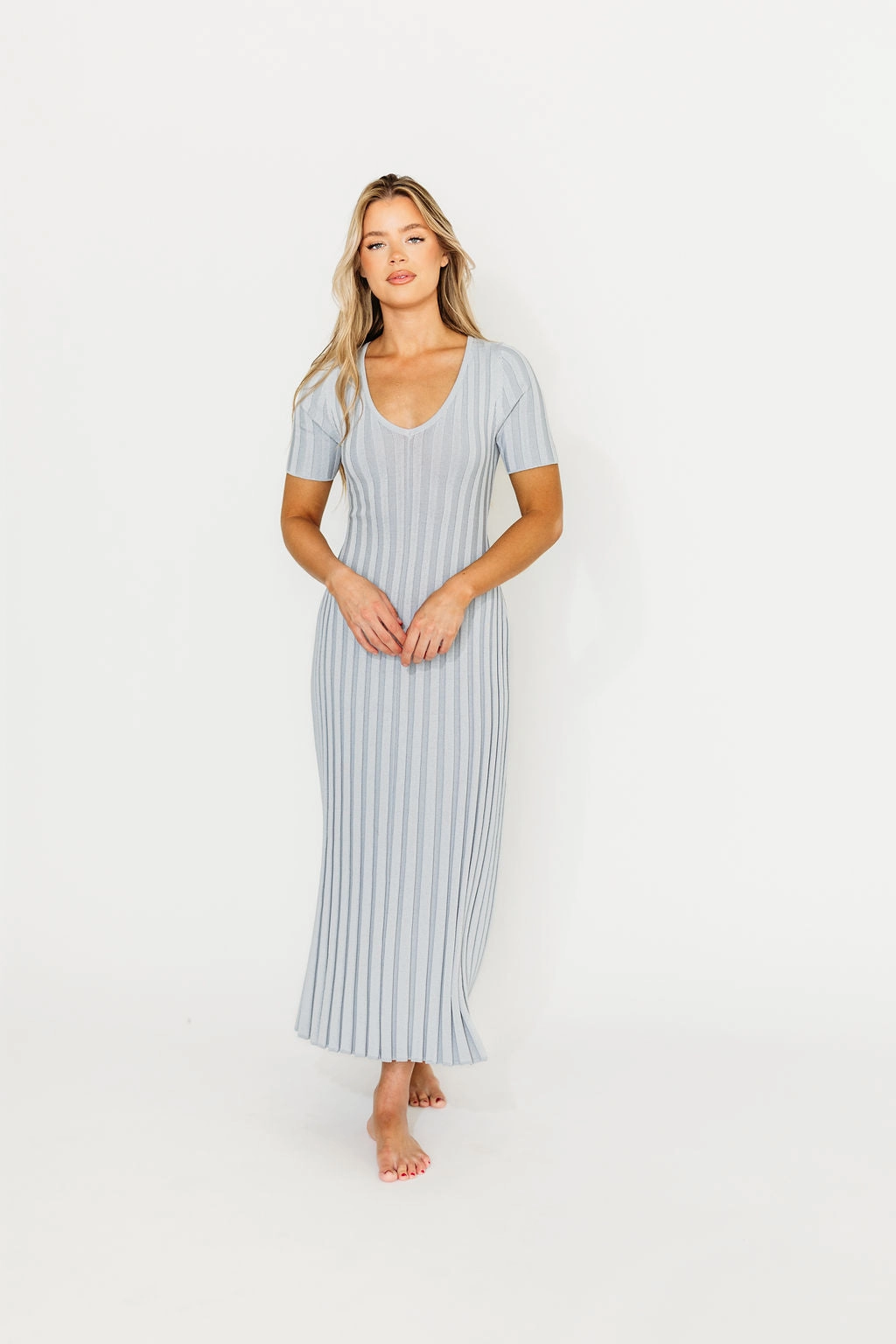 Balloon-Sleeve Oakley Ribbed Maxi Dress in Light Blue - Bump Friendly *Final-Sale*