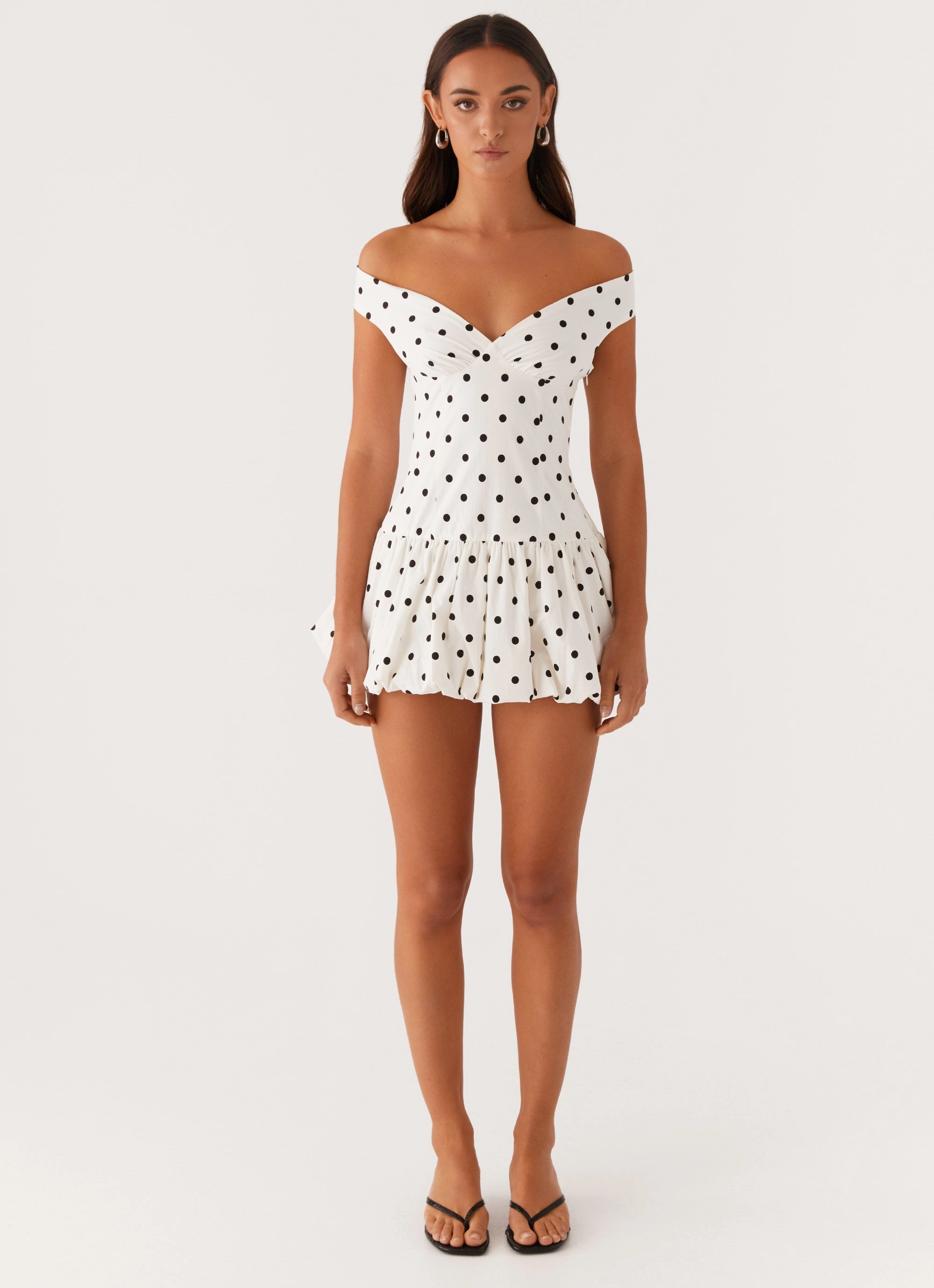 Subtle Fit Endless Romance Off Shoulder Mini Dress - White Polka Dot
