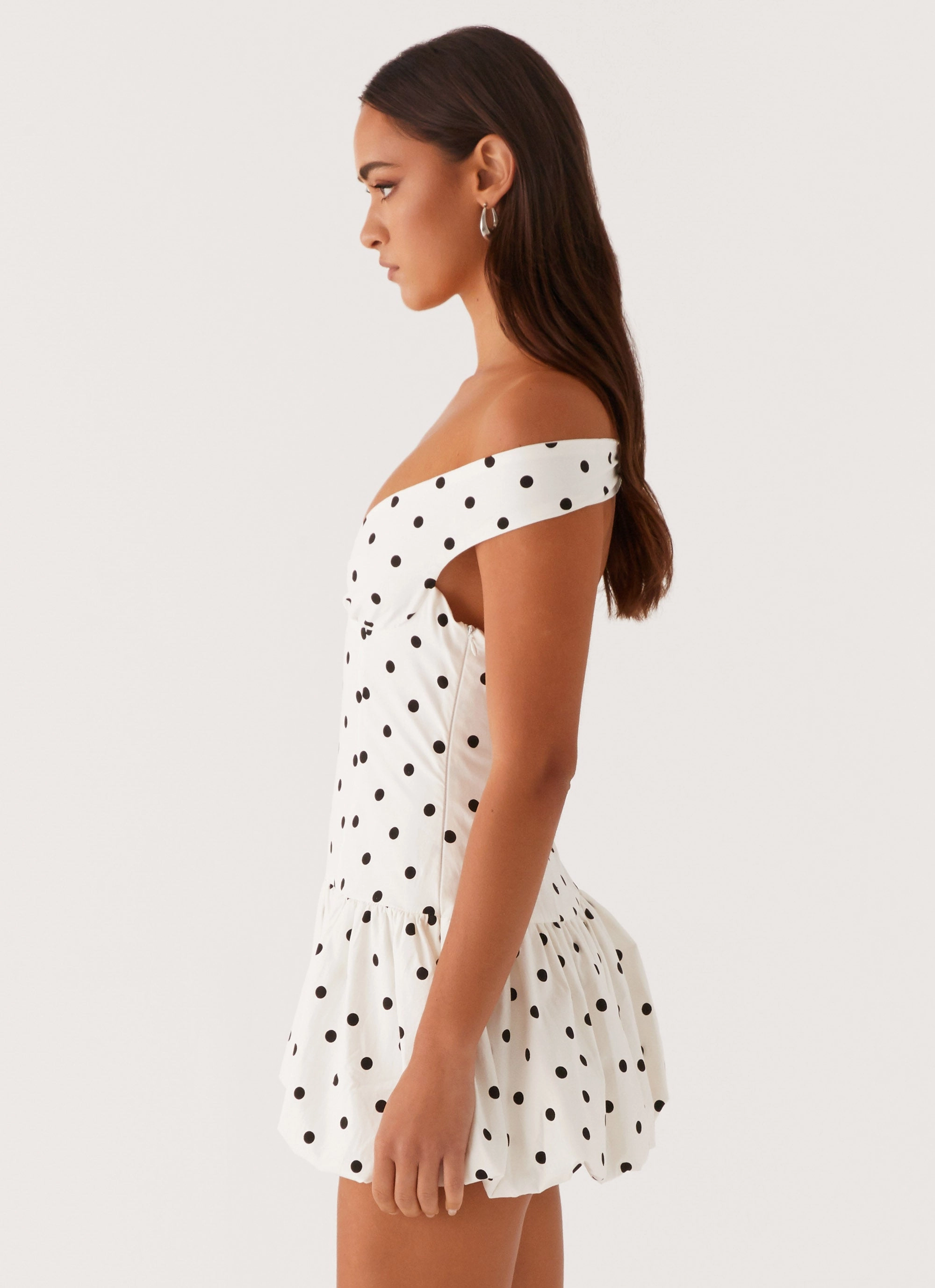 Comfortable and Flattering All Daywear Endless Romance Off Shoulder Mini Dress - White Polka Dot