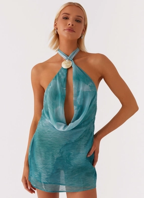 Sister Charm Art Event Oceans Away Deep Cowl Mini Dress - Green Tie Dye