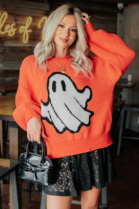 NonRestrictive Fit October Haze Spooky Ghost Knit Sweater (Orange)