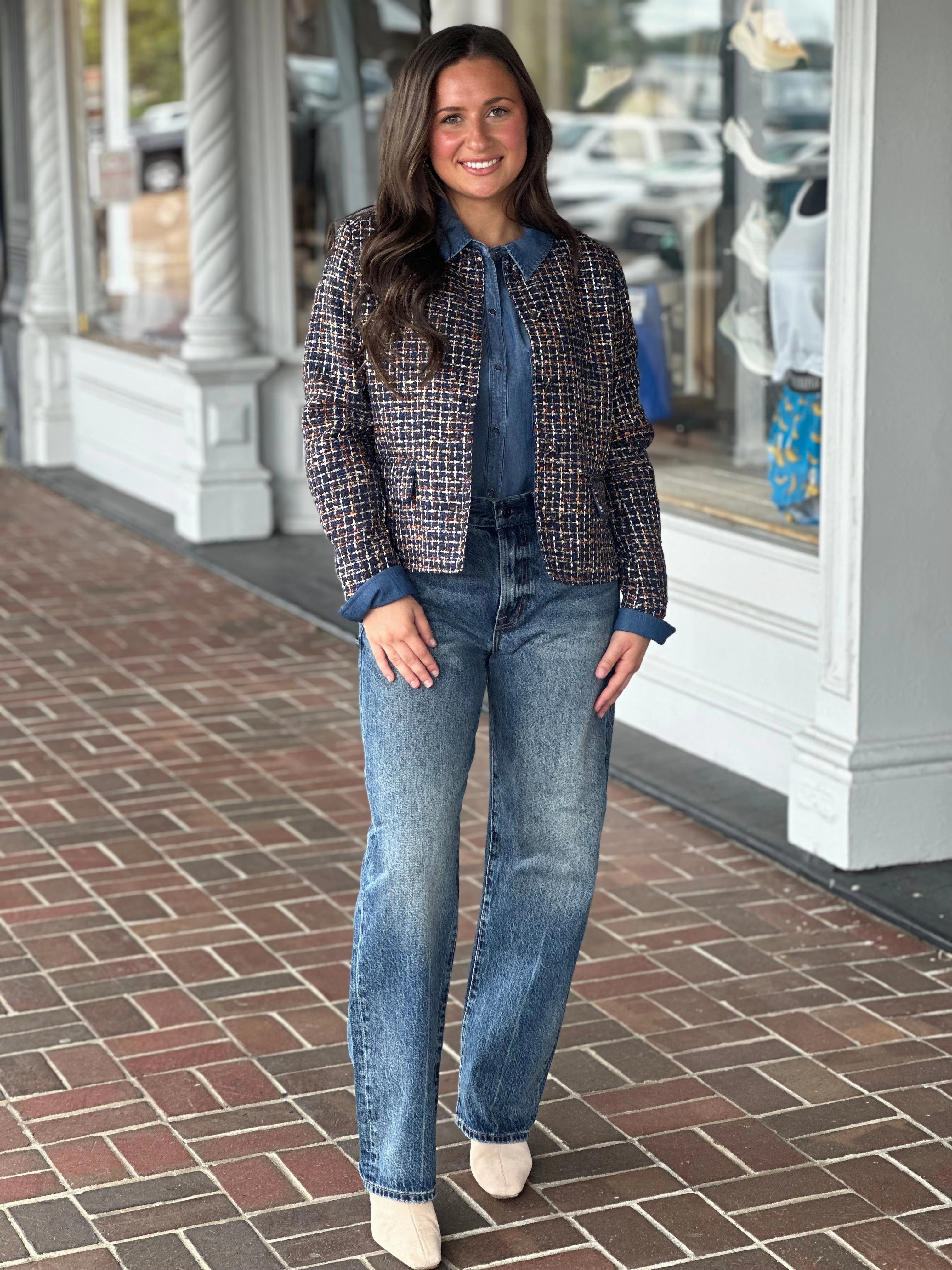 French Dressing Tweed Collarless Jacket in Multi SlimFit