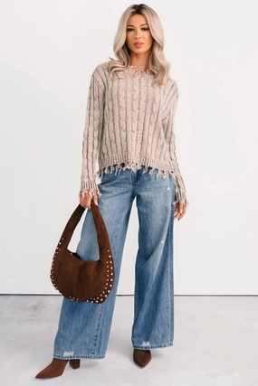 Unwritten Future Cable Knit Fringe Zenana Sweater (Mocha) Ultra Soft Handfeel