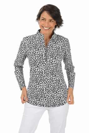 DoubleStitched Hem Snow Leopard Cooling UPF50  Mock Neck Top