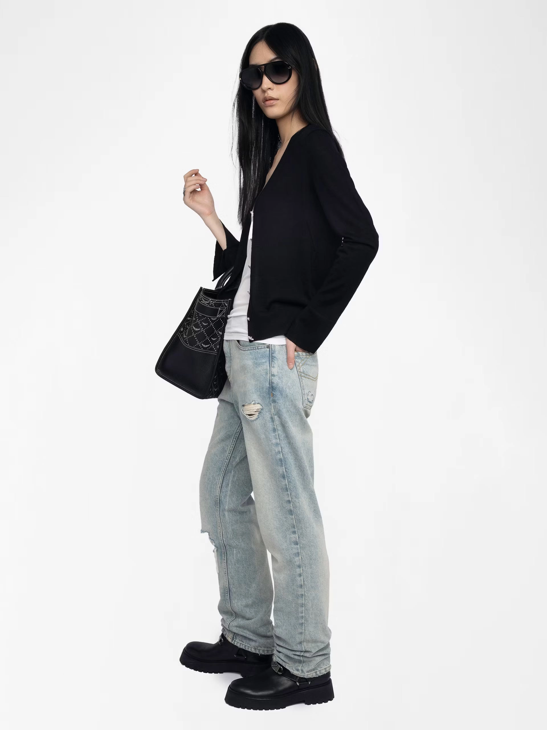 Jemma Wool Cardigan Black ribbed texture