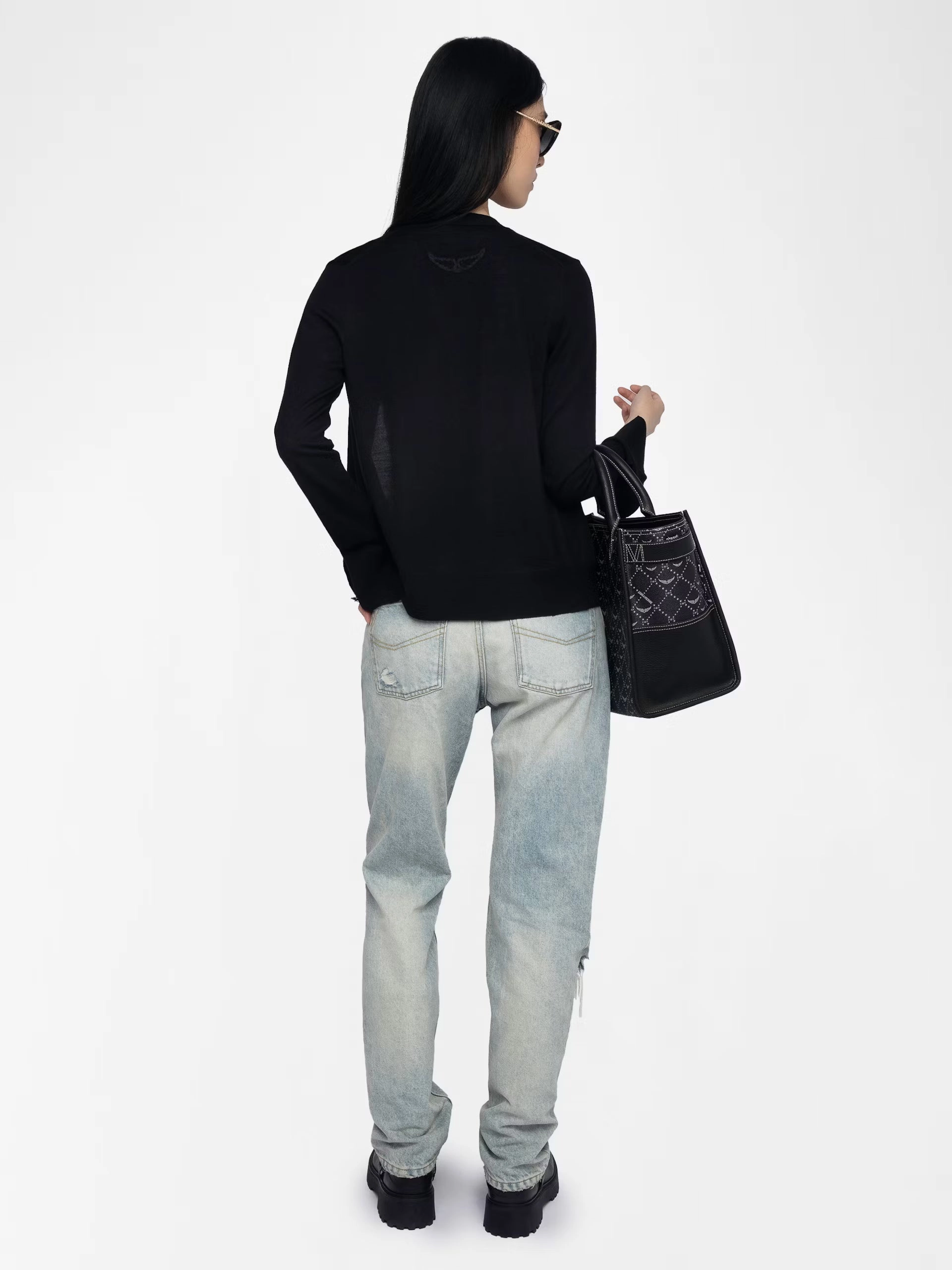 Hidden Button Placket TaglessCollar Jemma Wool Cardigan Black