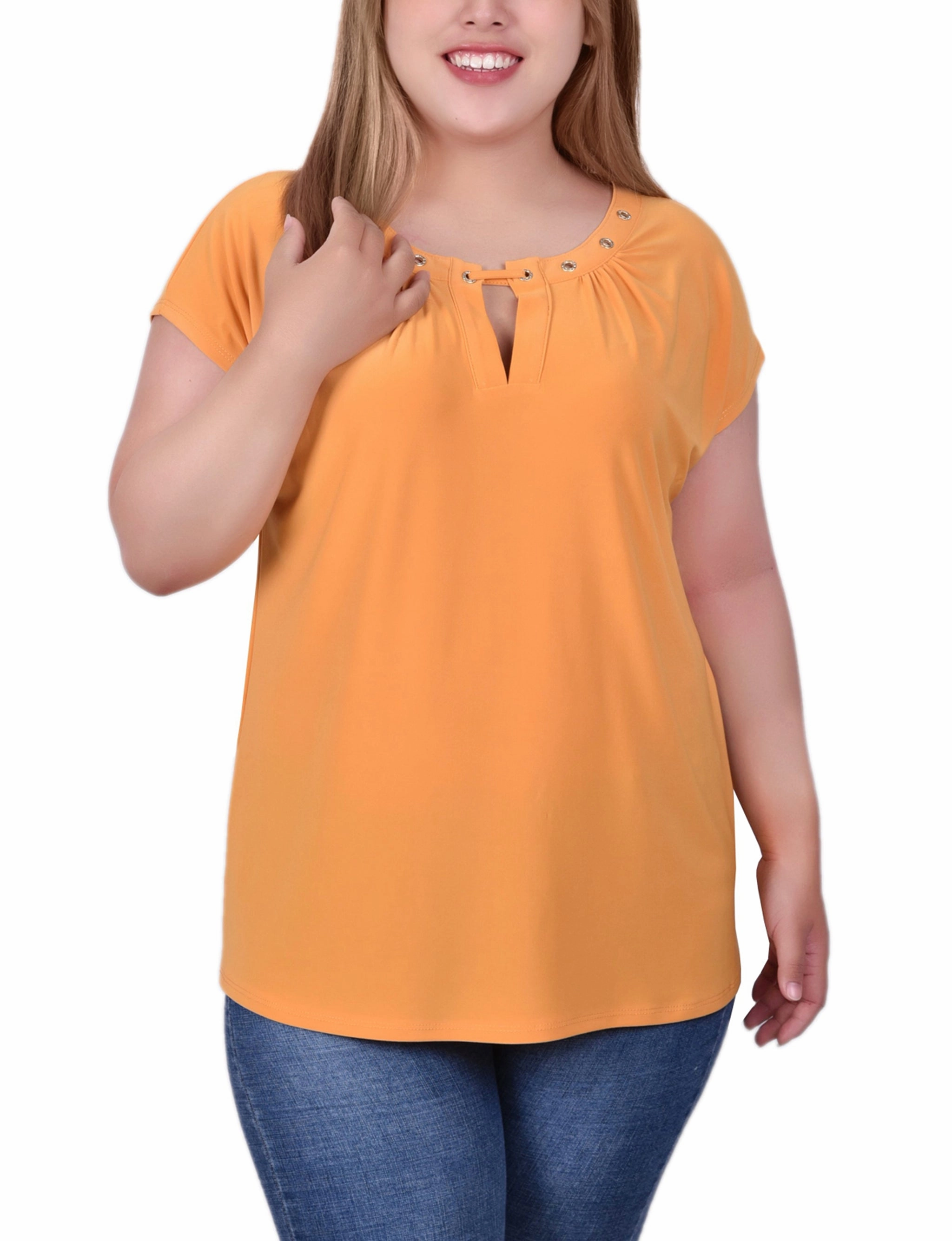 Basic Long Sleeve Plus Size Short Sleeve Grommet Top With Keyhole