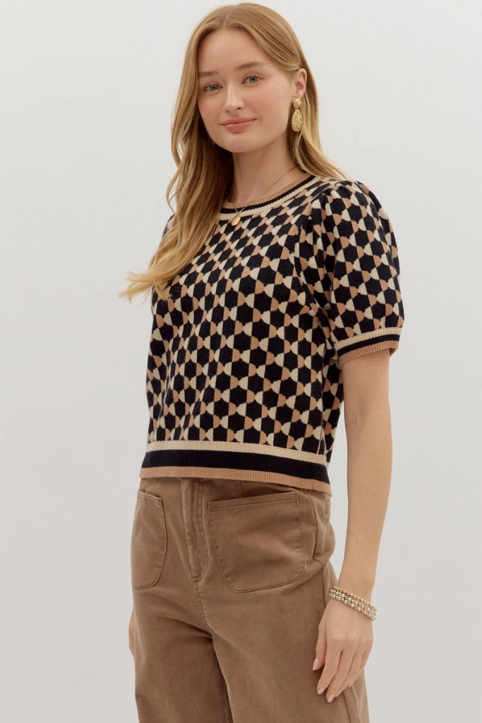 TearResistant Blends Fawn Argyle Short Sleeve Sweater in Black