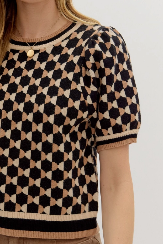 Fawn Argyle Short Sleeve Sweater in Black Contrast Stitch Detail