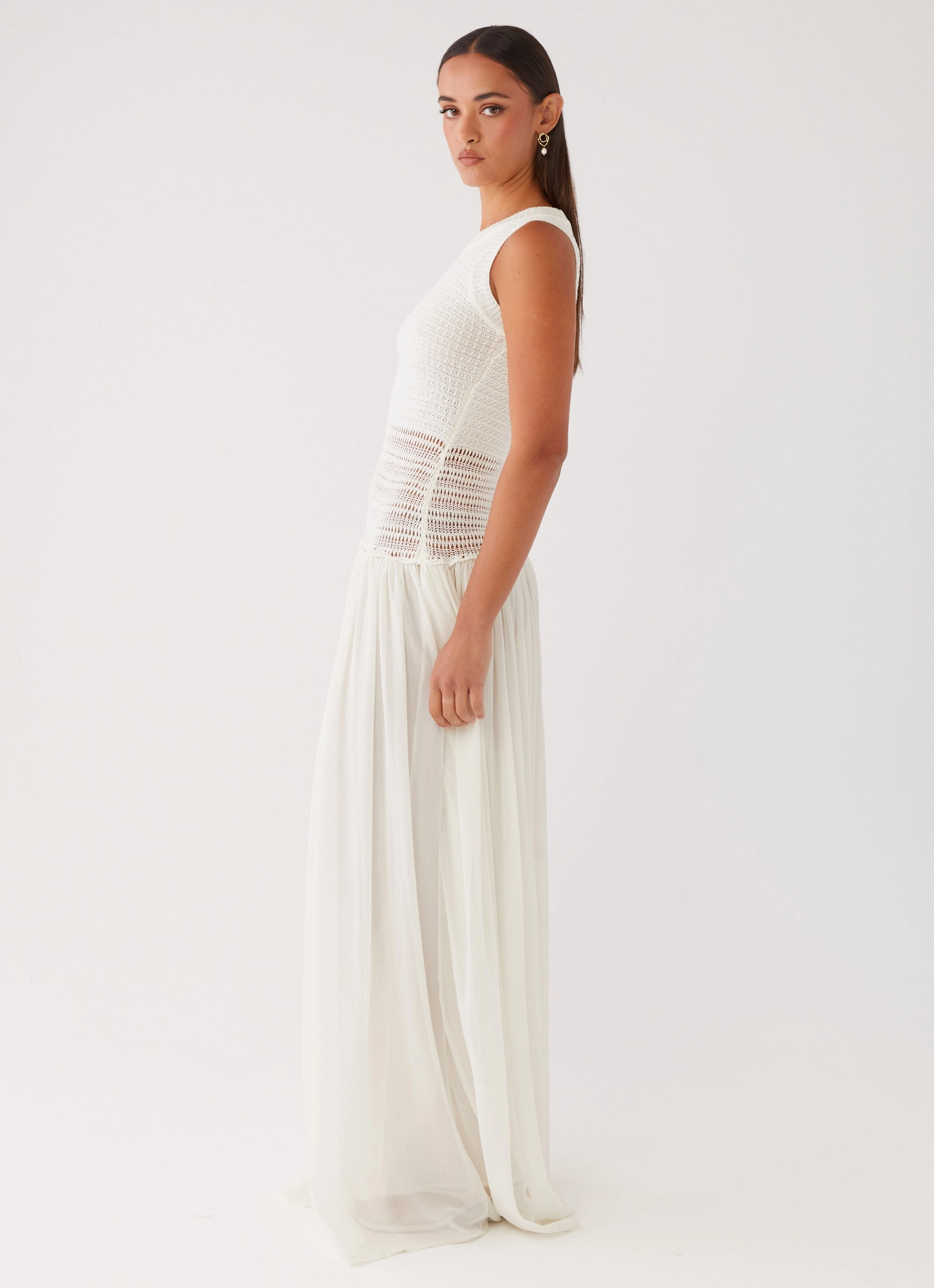 Chilly Weather Comfort Off Grid Crochet Maxi Dress - White