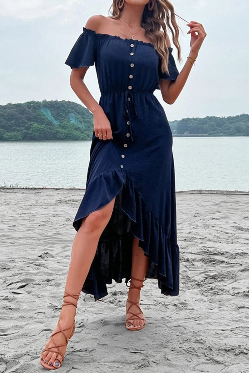 Square-Neck Gentle Fit OFF SHOULDER BUTTONED DRESS