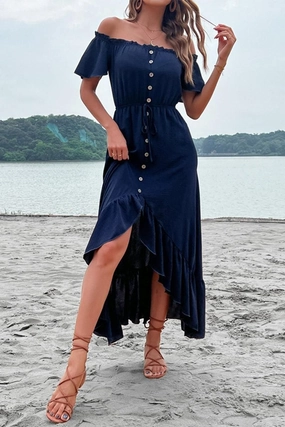Hook-And-Eye Polished Edge OFF SHOULDER BUTTONED DRESS