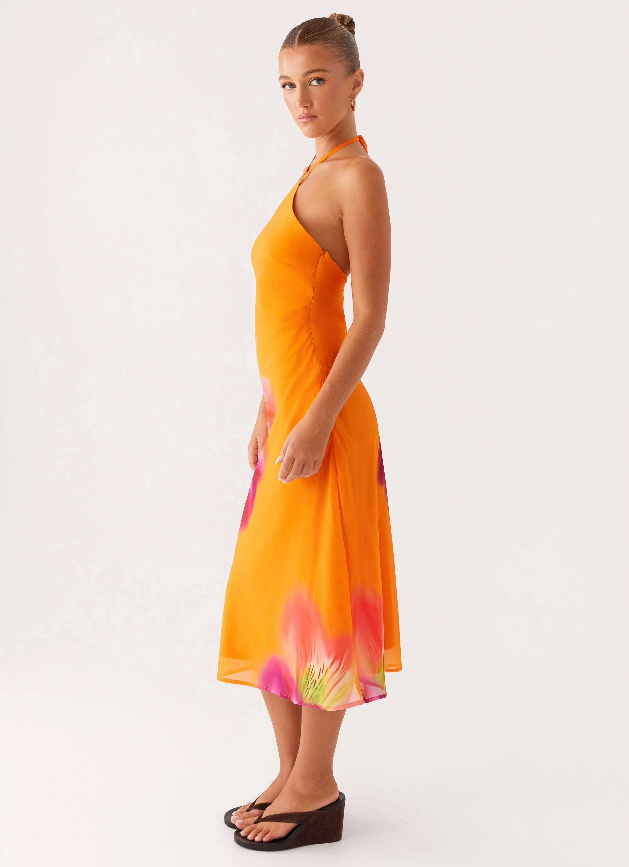 Puff-Sleeve Kea Midi Dress - Orange Tropical