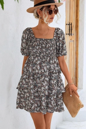Chill Detail Delicate Tone OFF SHOULDER SQUARE NECK FLORAL TIERED DRESS