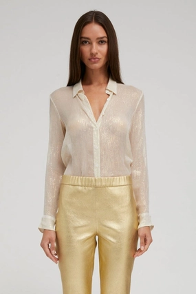 QuickDryConstruction NonPill Surface Treatment Off White & Gold Silk Fitted Button Down