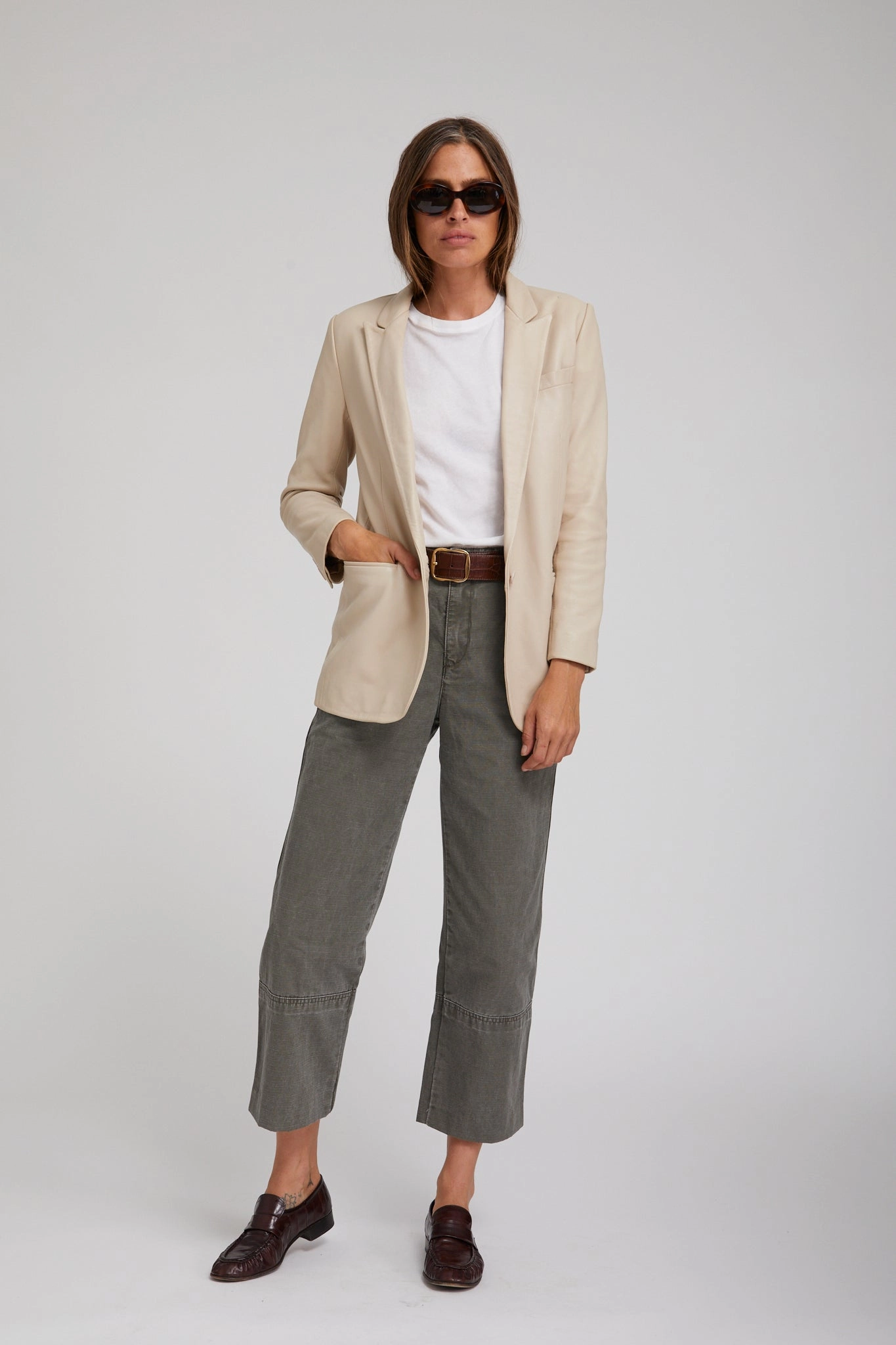 Off White Leather Blazer Flexible Material