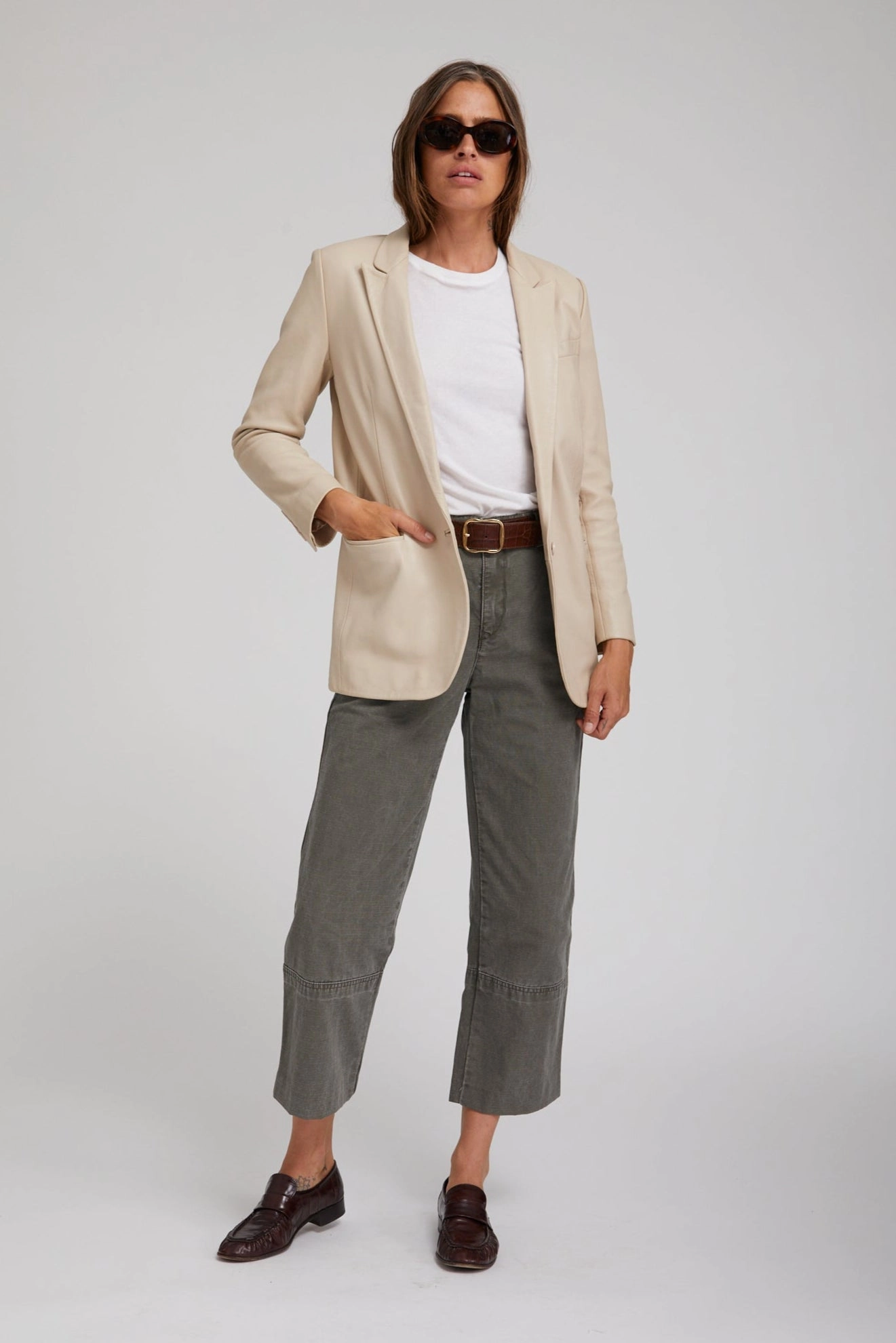 Convertible Cuff System Wind Resistant Off White Leather Blazer