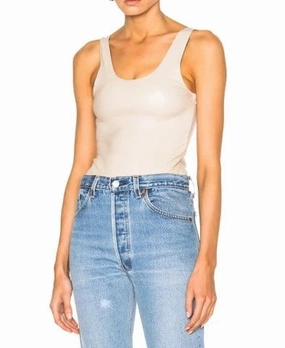 Off White Leather Bodysuit Ribbed Hem RibbedTrim