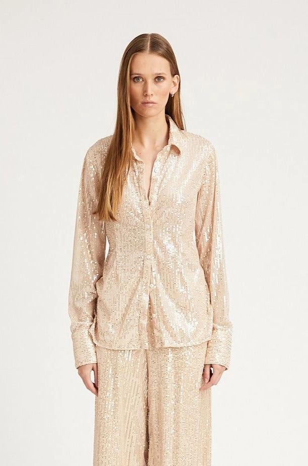 Reinforced Buttonholes summer top Off White Sequin Fitted Button Down