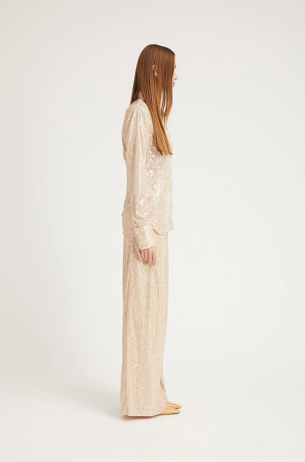 PolishedFinish Off White Sequin Fitted Button Down