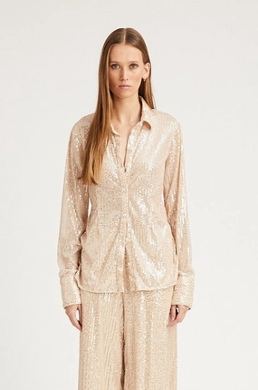 Reinforced Buttonholes summer top Off White Sequin Fitted Button Down