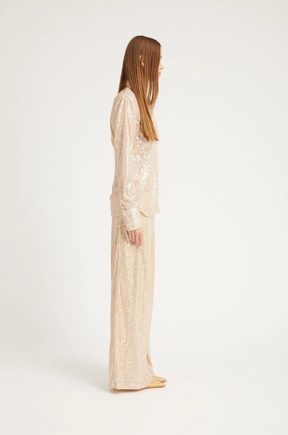 Off White Sequin Wide Leg Pants Sustainable Material Blend