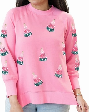 Hidden Button Placket Oh My Christmas Tree Pink Sweatshirt