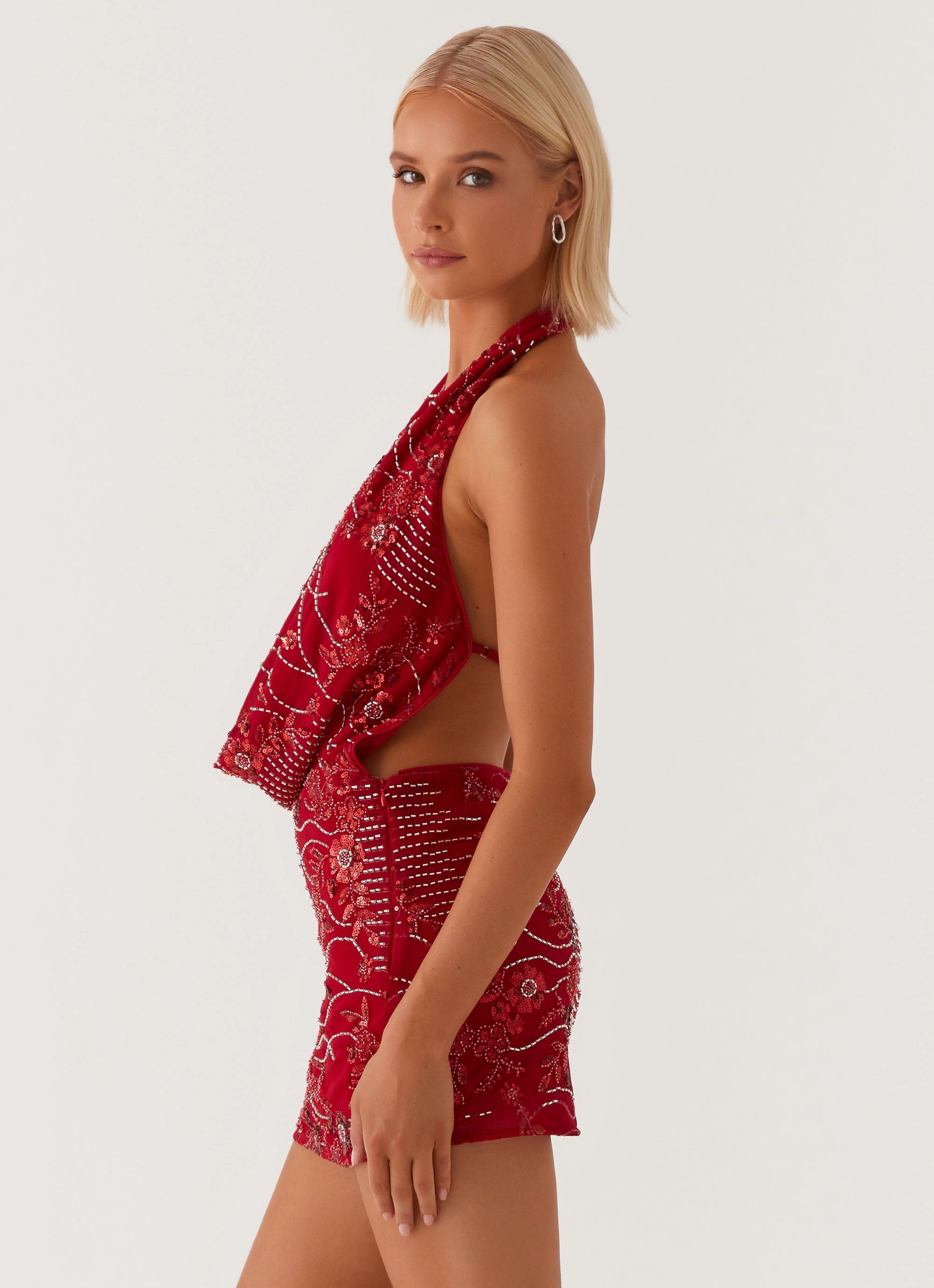 loose silhouette Smart Edge Olisa Cowl Neck Beaded Mini Dress - Red
