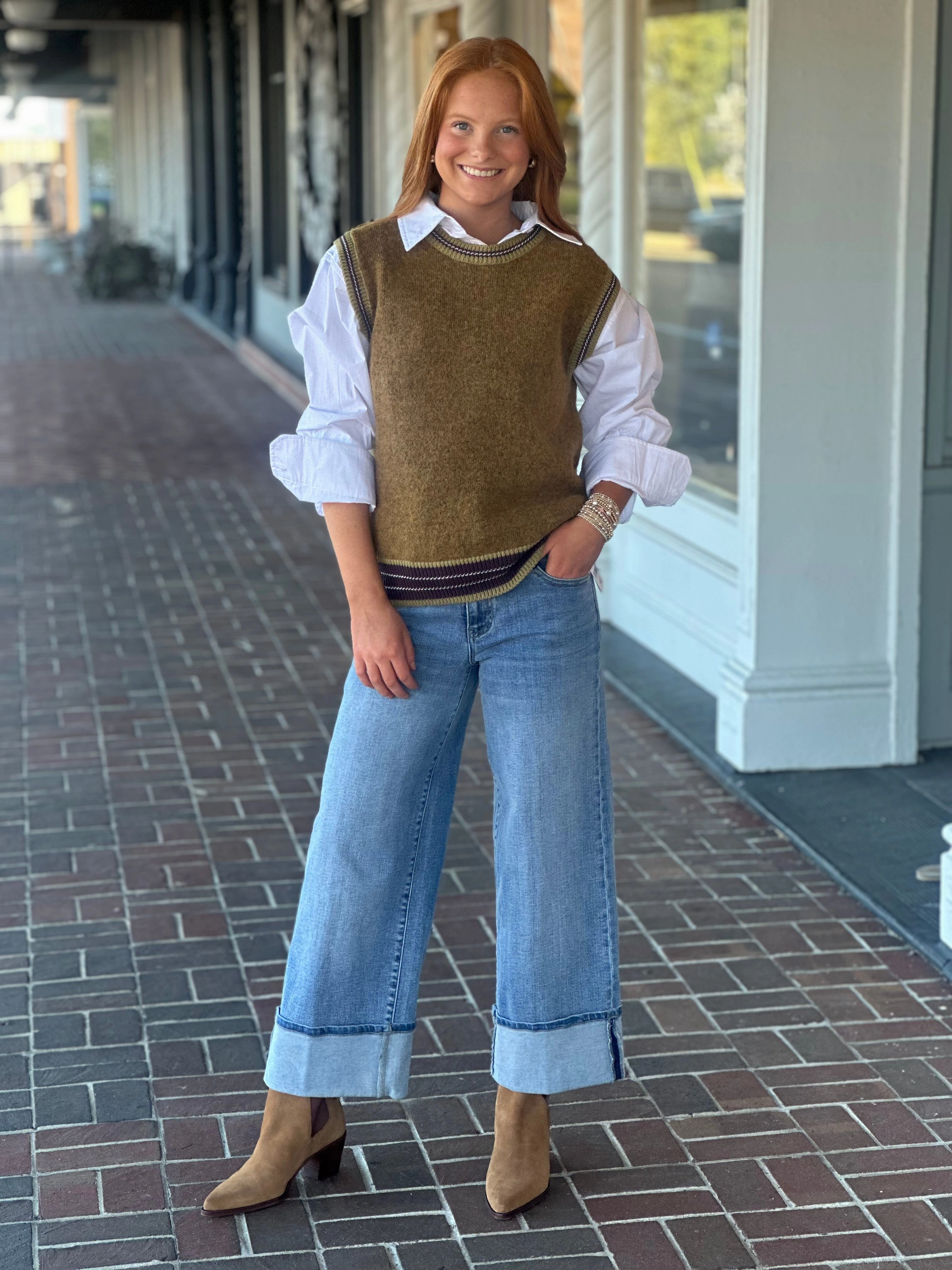 Olive Ribbed Crewneck Sweater Vest MultiPocketDesign
