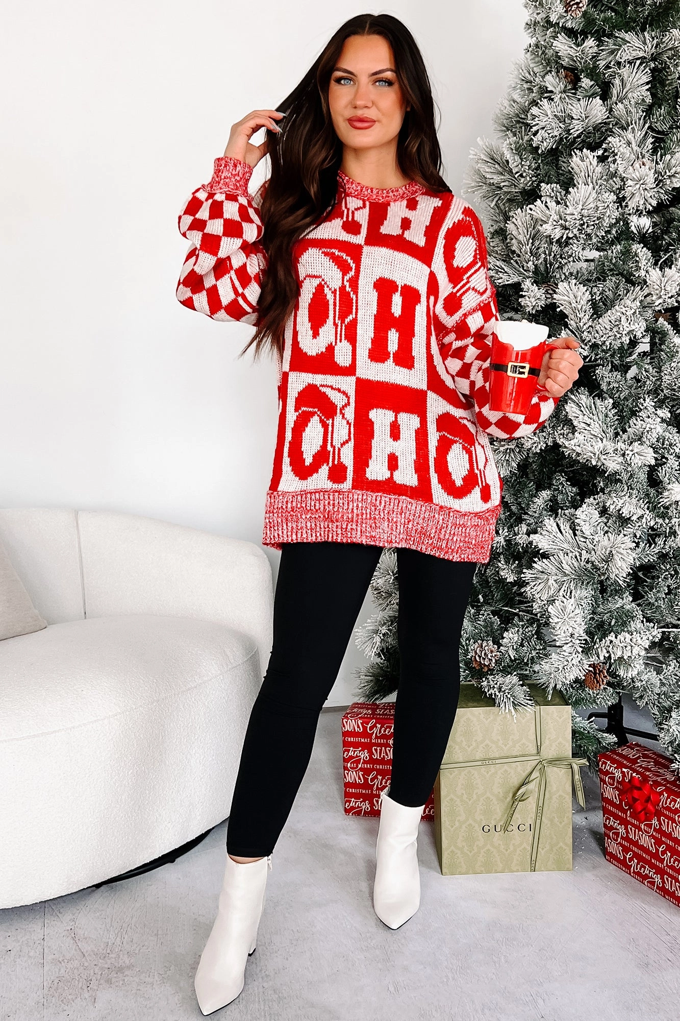 On The Nice List Checkered Sleeve Holiday Sweater (Red) Simple Cut Airflow Ventilation