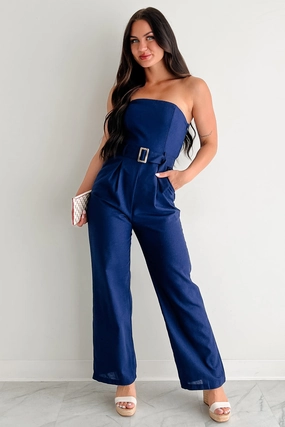 One More Page Strapless Belted Jumpsuit (Navy) Quick-Dry Fabric