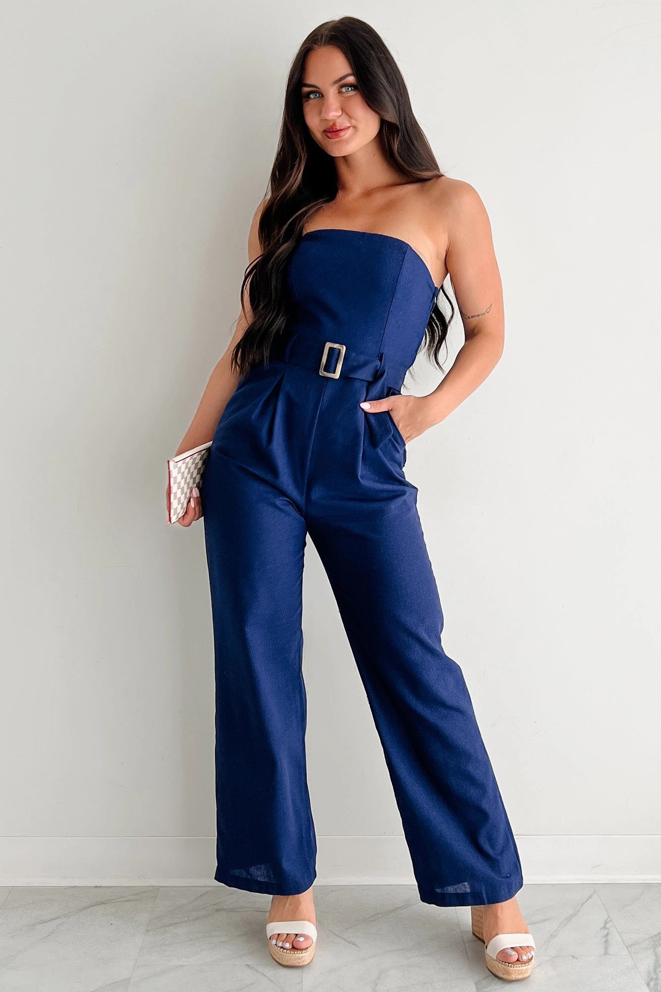 ButterSoft Handfeel Reflective Detailing One More Page Strapless Belted Jumpsuit (Navy)